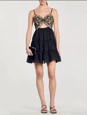 Sandro Cutout Macramé Lace-Paneled Linen-blend Mini Dress